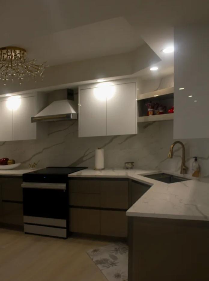 Modern kitchen remodel with marble backsplash
